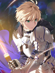 Rule 34 | 1boy, armor, arthur pendragon (fate), blonde hair, breastplate, excalibur (fate/prototype), fate/grand order, fate/prototype, fate/prototype: fragments of blue and silver, fate (series), faulds, gauntlets, greaves, green eyes, highres, hood, male focus, pauldrons, shoulder armor, solo, sword, weapon, yd (orange maru)