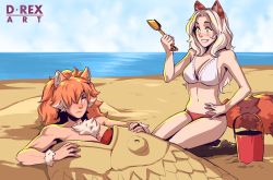 Rule 34 | 2girls, animal ear request, animal ears, animal print, artist name, bare arms, bare shoulders, beach, bikini, blonde hair, blue sky, blush, breasts, brown fur, bucket, cleavage, cloud, cloudy sky, collarbone, commentary, d-rex, fish print, frown, fur trim, green eyes, grin, hand on own hip, hand up, highres, holding, large breasts, lion ears, lion girl, long hair, looking at viewer, medium breasts, multiple girls, navel, ocean, orange hair, original, outdoors, red bikini, sand, sky, smile, stomach, swimsuit, tail, white bikini