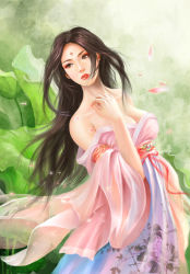Rule 34 | 1girl, b03di, bare shoulders, black eyes, black hair, breasts, cleavage, collarbone, dress, facial mark, female focus, fingernails, floral print, flower, forehead mark, head tilt, lips, long hair, looking away, nail polish, original, parted lips, petals, solo, standing, strapless, strapless dress, traditional clothes, wall, wide sleeves, wind