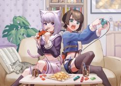 Rule 34 | 2girls, absurdres, ahoge, animal collar, animal ears, black collar, black panties, blue eyes, blue shorts, brown hair, buttons, cat, cat ears, cat girl, cat tail, chips (food), collar, controller, couch, cropped jacket, cropped shirt, drink, drinking straw, food, haruno (user ajkf5285), highres, hip vent, hololive, hololive gamers, multiple girls, neckerchief, nekomata okayu, nekomata okayu (casual), nintendo switch, oozora subaru, oozora subaru (work), panties, potato chips, purple eyes, purple hair, short hair, shorts, sleeve cuffs, socks, subaru duck, suspender shorts, suspenders, swept bangs, table, tail, underwear, virtual youtuber, white neckerchief, white shorts