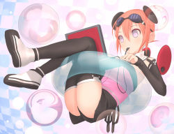 Rule 34 | 1girl, black ribbon, black shorts, black thighhighs, breasts, cable, checkered background, computer, floating, full body, goggles, goggles on head, hair between eyes, hair ornament, innertube, laptop, long sleeves, mouth hold, orange hair, orb, original, purple eyes, ribbon, see-through, shoes, short hair, shorts, small breasts, solo, swim ring, thighhighs, transparent, uni (plastic girl), upshorts