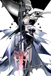 Rule 34 | 1girl, arknights, ascot, bare shoulders, black cape, black dress, black gloves, black headwear, black thighhighs, breasts, cape, dress, feet out of frame, fish, gladiia (arknights), gloves, hair over one eye, hat, highres, holding, holding polearm, holding weapon, looking at viewer, medium breasts, mizuno star, pants, pointy ears, polearm, red eyes, silver hair, simple background, swordfish, thigh gap, thighhighs, tight clothes, tight pants, tricorne, weapon, white ascot, white background, white pants