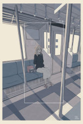 Rule 34 | 1girl, backpack, bag, bench, black shirt, blonde hair, closed eyes, closed mouth, expressionless, glasses, highres, indoors, medium hair, mono (2 onom), original, red footwear, shirt, shoes, short sleeves, sitting, skirt, solo, sunlight, train, train interior, white skirt, window