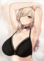 Rule 34 | 1girl, arm behind head, armpits, arms up, bare arms, beige background, black bra, black choker, blonde hair, blush, bra, breasts, choker, cleavage, closed mouth, collarbone, commentary request, earrings, eyes visible through hair, gradient background, grey background, hair over one eye, heart, heart choker, highres, jewelry, lace, lace-trimmed bra, lace trim, large breasts, long hair, looking at viewer, mole, mole on armpit, orange eyes, original, shiny skin, sidelocks, solo, steaming body, stud earrings, sunaba suzume, sweat, underwear, underwear only, upper body, wavy hair