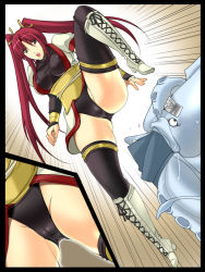 Rule 34 | 1girl, attack, bad id, bad pixiv id, black thighhighs, boots, breasts, cameltoe, cleavage, close-up, covered erect nipples, cross-laced footwear, from below, high heels, kicking, knee boots, large breasts, leg up, legs, long legs, original, red hair, sasana, shoes, thighhighs, thighs, twintails