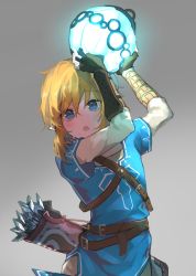 Rule 34 | 1boy, :o, arms up, arrow (projectile), ban mumani, belt, blonde hair, blue eyes, blue tunic, blush, bomb, brown belt, commentary request, explosive, gloves, glowing, grey background, hair between eyes, hands up, holding, holding bomb, layered sleeves, link, long hair, long sleeves, looking at viewer, male focus, nintendo, open mouth, orb, pointy ears, quiver, short over long sleeves, short sleeves, side slit, sidelocks, simple background, solo, standing, sweat, the legend of zelda, the legend of zelda: breath of the wild, tunic, upper body, vambraces