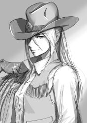 Rule 34 | 1girl, 959, collared shirt, cowboy hat, cowgirl (western), freckles, gloves, greyscale, hair behind ear, hair between eyes, hand on own shoulder, hat, highres, looking at viewer, monochrome, original, ponytail, shirt, smile, solo, upper body, vest