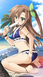 Rule 34 | 1girl, adjusting clothes, adjusting panties, adjusting swimsuit, ass, back, barefoot, beach, between breasts, bikini, blue bikini, blush, bow, breasts, brown hair, choujigen taisen neptune vs sega hard girls, cloud, contrail, dated, day, eating, feet, food, food on face, frilled bikini, frills, from side, full body, game cg, green eyes, hair between eyes, hair bow, hair ornament, highres, ice cream, if (neptunia), innertube, licking, long hair, looking at viewer, neptune (series), ocean, official art, open mouth, outdoors, palm tree, panties, popsicle, ribbon, saliva, sand, sexually suggestive, shiitake urimo, sitting, sky, small breasts, soles, solo, swim ring, swimsuit, toes, tongue, tongue out, tree, underwear