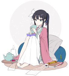 Rule 34 | 1girl, barefoot, black hair, book, book stack, chinese clothes, cloak, commentary request, cup, earrings, fate/grand order, fate (series), flower, flower earrings, green eyes, green nails, grey background, hair flower, hair ornament, hanfu, holding, holding cup, jewelry, jing ke (fate), long hair, nail polish, open book, open mouth, pillow, ponytail, saucer, scroll, side ponytail, sitting, solo, steam, teapot, toenail polish, toenails, tray, ugetsu (chimere/marie), white background, white flower