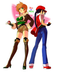 Rule 34 | 2girls, ass, back-to-back, black hair, blue oak, boots, bread, brown hair, creatures (company), cropped jacket, denim, fingerless gloves, food, from below, game freak, genderswap, genderswap (mtf), gloves, green eyes, hand on own hip, hat, high heels, jacket, jeans, jewelry, knee boots, leather, leather jacket, long hair, midriff, multiple girls, necklace, nintendo, open clothes, open jacket, orange hair, pants, poke ball, poke ball (basic), pokemon, ponytail, red (pokemon), red eyes, rivals, shoes, shorts, simple background, smirk, tarakoutibiru, thighhighs