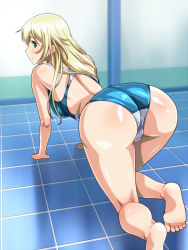 Rule 34 | 10s, 1girl, all fours, ass, atago (kancolle), barefoot, blonde hair, competition swimsuit, green eyes, kantai collection, long hair, monteriakitto, one-piece swimsuit, swimsuit, tile floor, tiles
