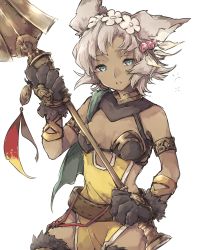 Rule 34 | 10s, 1girl, animal ears, animal hands, asuna (doruru-mon), bad id, bad pixiv id, belt, blue eyes, breasts, cat paws, cleavage, cowboy shot, dark-skinned female, dark skin, erune, feather hair ornament, feathers, flower, gloves, granblue fantasy, grey hair, hair flower, hair ornament, highres, holding, holding weapon, melleau, open mouth, paw gloves, pelvic curtain, polearm, simple background, small breasts, solo, sparkle, spear, weapon, white background, white flower