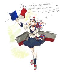 Rule 34 | 1girl, 3107 (satona), beret, black dress, black socks, blonde hair, blue hair, breasts, buttons, cleavage, commandant teste (kancolle), double-breasted, dress, french flag, french text, full body, hat, highres, jacket, kantai collection, long hair, machinery, multicolored clothes, multicolored hair, multicolored scarf, plaid, plaid scarf, platform footwear, pom pom (clothes), red hair, scarf, simple background, socks, solo, standing, streaked hair, swept bangs, translated, wavy hair, white background, white hair