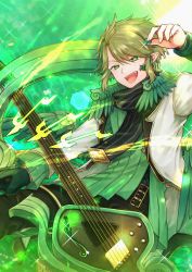 Rule 34 | 1boy, :d, belt, black neckwear, cole clarks, gloves, green background, green eyes, green gloves, green hair, highres, instrument, jacket, long sleeves, male focus, multicolored hair, music, nekogu rui, open mouth, pixiv fantasia, pixiv fantasia age of starlight, playing instrument, plectrum, pointy ears, single glove, smile, solo, streaked hair