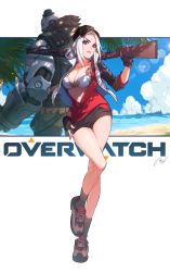 Rule 34 | 1girl, ashe (overwatch), beach, bikini, bikini top only, black legwear, bob (overwatch), breasts, casual, cleavage, cloud, copyright name, day, eyes visible through hair, eyewear hang, unworn eyewear, full body, gun, hat, highres, letterboxed, lever action, logo, nail polish, outdoors, overwatch, overwatch 1, palm tree, peaked cap, rifle, robot, short shorts, shorts, simple background, sky, socks, solo focus, standing, standing on one leg, swimsuit, tree, weapon, white background, white bikini