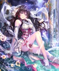 Rule 34 | 10s, 1girl, anklet, arm support, barefoot, barefoot sandals (jewelry), black hair, blush, bow, breasts, brown eyes, detached sleeves, dress, floating hair, hair bow, head tilt, irua, jewelry, long hair, looking at viewer, medium breasts, night, outdoors, partially submerged, petals, red ribbon, ribbon, sash, see-through, shingeki no bahamut, sleeveless, sleeveless dress, soaking feet, solo, thigh strap, very long hair, white dress