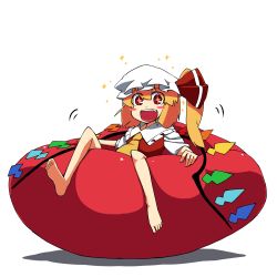 Rule 34 | + +, 1girl, :d, bad id, bad pixiv id, barefoot, bean bag, bean bag chair, blonde hair, excited, fang, feet, female focus, flandre scarlet, happy, hat, open mouth, red eyes, side ponytail, sitting, smile, solo, sparkle, embodiment of scarlet devil, touhou, wings, yaza