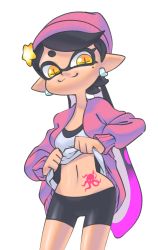 Rule 34 | 1girl, 3d rod!, :3, beanie, bike shorts, callie (splatoon), clothes lift, earrings, hair ornament, hat, highres, inkling, jacket, jewelry, lifted by self, looking at viewer, navel, nintendo, pink jacket, pointy ears, purple hair, shirt lift, smile, solo, splatoon (series), splatoon 2, stomach, stomach tattoo, symbol-shaped pupils, tattoo, yellow eyes
