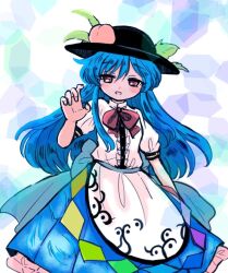 Rule 34 | 1girl, :d, apron, arm at side, black hat, blue bow, blue hair, blue skirt, blush, bow, bowtie, brown eyes, buttons, center frills, collared shirt, commentary, dot nose, english commentary, food, frills, fruit, hat, hinanawi tenshi, leaf hat ornament, long hair, looking at viewer, medium skirt, open mouth, peach, peach hat ornament, pleated skirt, reaching, reaching towards viewer, red bow, red bowtie, rin tarou, shirt, sidelocks, simple background, skirt, smile, solo, swept bangs, touhou, very long hair, waist apron, waist bow, white apron, white shirt