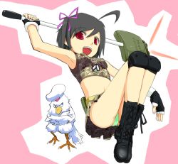Rule 34 | 1girl, ahoge, anti-personnel mine, anti-personnel weapon, armpits, bird, black hair, boots, call of duty, call of duty: modern warfare 2, camouflage, commentary, dog tags, explosive, fatigues, fingerless gloves, gloves, hat, knee pads, looking at viewer, m18 claymore mine, midriff, military, mine (weapon), miniskirt, mkebi, navel, open mouth, original, panties, pantyshot, personification, pun, red eyes, ribbon, short hair, side ponytail, skirt, solo, sword, tank top, underwear, weapon
