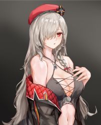 Rule 34 | 1girl, :o, bare shoulders, beret, black tank top, blush, braid, breasts, cleavage, clothes pull, collarbone, female focus, g36c (girls&#039; frontline), g36c (mod3) (girls&#039; frontline), girls&#039; frontline, grey background, grey hair, hair between eyes, hair over one eye, hand on breast, hat, highres, jacket, jacket pull, jewelry, lithographica, long hair, looking at viewer, medallion, medium breasts, mod3 (girls&#039; frontline), multicolored clothes, multicolored jacket, nail polish, navel, necklace, open mouth, red eyes, red hat, solo, tank top, upper body, white nails