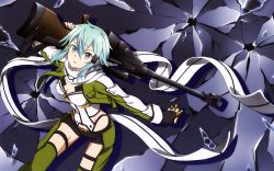 Rule 34 | 10s, 1girl, absurdres, anti-materiel rifle, black shorts, blue eyes, blue hair, bolt action, breasts, cleavage, fingerless gloves, gloves, green legwear, gun, highres, holding, holding gun, holding weapon, looking at viewer, matching hair/eyes, pgm hecate ii, rifle, scope, short shorts, shorts, sinon, sniper rifle, solo, sword art online, totosu, weapon