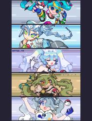 Rule 34 | artsy vii, blue hair, collage, creatures (company), fingerless gloves, flying miku (project voltage), game freak, gloves, green hair, ground miku (project voltage), hatsune miku, highres, ice miku (project voltage), nintendo, normal miku (project voltage), poke ball, poke ball (basic), pokemon, project voltage, rock miku (project voltage), sprite art, twintails, vocaloid, yellow eyes