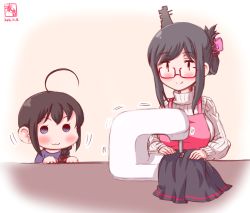 Rule 34 | 10s, 2016, 2girls, :3, aged down, ahoge, alternate costume, alternate hairstyle, apron, bespectacled, black hair, black skirt, blush, braid, casual, closed mouth, commentary request, dated, folded ponytail, glasses, hair over shoulder, highres, kanon (kurogane knights), kantai collection, long sleeves, multiple girls, o o, pink apron, red-framed eyewear, ribbed sweater, sewing, sewing machine, shigure (kancolle), signature, single braid, skirt, sweater, yamashiro (kancolle), | |