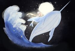 Rule 34 | 1girl, blonde hair, closed eyes, feather hair ornament, feathers, full moon, genshin impact, hair ornament, happy, highres, lumine (genshin impact), mermaid, monster girl, moon, narwhal, night, night sky, ocean, open mouth, scarf, short hair with long locks, sky, smile, star (sky), umiushi u, waves, whale, yellow scarf