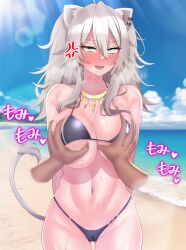 Rule 34 | 1girl, :d, absurdres, anger vein, animal ears, beach, blue sky, blush, breasts, cleavage, cloud, disembodied limb, earrings, fang, full-face blush, grabbing, grabbing another&#039;s breast, grey hair, groping, hair between eyes, highres, hololive, jewelry, large breasts, lion ears, lion tail, long hair, looking at viewer, navel, necktie, ocean, open mouth, seisui bar, shishiro botan, sky, smile, solo, sweat, tail, virtual youtuber, yellow eyes