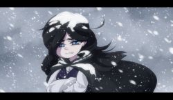 Rule 34 | 1girl, black cape, black hair, blizzard, blue eyes, cape, clenched teeth, cold, commentary, crossed arms, english commentary, fake screenshot, francisca (kirby), highres, humanization, kirby: star allies, kirby (series), letterboxed, littlecloudie, long hair, nintendo, origin story, snow, snow on head, solo, spoilers, teeth, upper body, very long hair, vest
