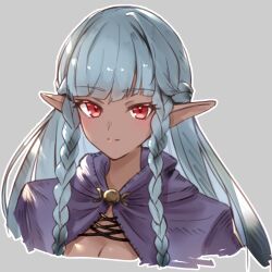 1girl aqua_hair blush braid breasts cape cleavage closed_mouth commentary cropped_shoulders dark-skinned_female dark_elf dark_skin elf grey_background long_hair looking_at_viewer nandesu pointy_ears purple_cape red_eyes rosalinde_(unicorn_overlord) simple_background smile solo twin_braids unicorn_overlord