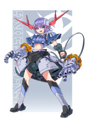 Rule 34 | 1girl, absurdres, ag 00000, character name, clenched hand, gundam, highres, mecha musume, midriff, mobile suit gundam, navel, open hands, open mouth, personification, purple eyes, purple hair, short hair, solo, zeong