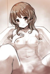 Rule 34 | 10s, 1girl, bang dream!, bathing, bathtub, blush, breasts, collarbone, floating breasts, getsuyou yasumi, hair down, hand on own chest, highres, knees up, looking at viewer, matsubara kanon, medium breasts, monochrome, navel, nipples, nude, partially submerged, reclining, smile, solo, spread legs, water, wet