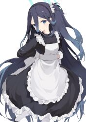 Rule 34 | 1girl, absurdres, alternate costume, aris (blue archive), ayaha 4780828, black hair, black hairband, blue archive, blue eyes, hair in own mouth, hairband, halo, highres, long hair, looking at viewer, maid, simple background, solo, white background