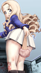 Rule 34 | 1girl, alternate eye color, artist logo, bc freedom military uniform, black footwear, blonde hair, blue eyes, blue jacket, boots, closed mouth, commentary request, covering privates, covering ass, drill hair, folding fan, from behind, ft-17, girls und panzer, hand fan, highres, holding, holding fan, jacket, knee boots, kneepits, leaning forward, long hair, long sleeves, looking at viewer, looking back, marie (girls und panzer), military, military uniform, miniskirt, partial commentary, pleated skirt, revision, skirt, smile, solo, standing, tank, uniform, white skirt, yoyokkun