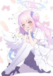 Rule 34 | 1girl, ^^^, absurdres, angel wings, black footwear, blue archive, blue bow, blush, bow, cake, capelet, dot nose, dress, embarrassed, flower, flying sweatdrops, food, frilled dress, frills, hair bun, hair flower, hair ornament, halo, hands on own cheeks, hands on own face, high heels, highres, iranon (new iranon), legs, legs together, long hair, looking to the side, mika (blue archive), moon (ornament), open mouth, pink hair, pumps, raised eyebrows, scrunchie, single hair bun, sitting, sleeveless, sleeveless dress, solo, star (symbol), swiss roll, thighhighs, white background, white capelet, white dress, white thighhighs, wings, wrist scrunchie, yellow eyes