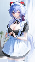 Rule 34 | 1girl, absurdres, alternate costume, apron, black dress, blue hair, blush, breasts, choker, cleavage, commentary request, curtains, dress, enmaided, frilled choker, frilled hairband, frilled wristband, frills, ganyu (genshin impact), genshin impact, hairband, hee (user ykux4248), highres, horns, indoors, large breasts, long hair, looking at viewer, maid, maid apron, neck ribbon, plant, potted plant, puffy short sleeves, puffy sleeves, purple eyes, ribbon, scoop neck, sheep horns, short sleeves, solo, sweatdrop, thighhighs, very long hair, white apron, white thighhighs, zettai ryouiki