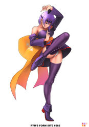Rule 34 | 1girl, ankle boots, ayane (doa), boots, dead or alive, leg lift, panties, pantyshot, purple footwear, purple hair, red eyes, ryu (ryu&#039;s form site), solo, standing, tecmo, thighhighs, underwear