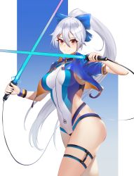 Rule 34 | 1girl, absurdres, blue background, blue bow, blue jacket, blue one-piece swimsuit, bow, competition swimsuit, cropped jacket, crossed swords, dual wielding, energy sword, fate/grand order, fate (series), hair between eyes, hair bow, highleg, highleg swimsuit, highres, holding, holding sword, holding weapon, jacket, long hair, multicolored clothes, multicolored swimsuit, one-piece swimsuit, open clothes, open jacket, ponytail, rausu (undeadmachine), red eyes, short sleeves, silver hair, smile, solo, striped clothes, striped one-piece swimsuit, striped wristband, swimsuit, sword, thigh strap, tomoe gozen (fate), tomoe gozen (swimsuit saber) (fate), tomoe gozen (swimsuit saber) (first ascension) (fate), two-tone background, very long hair, weapon, white background, white one-piece swimsuit, wristband