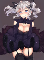 Rule 34 | 10s, 1girl, alternate color, bare shoulders, black dress, black gloves, black panties, black ribbon, black thighhighs, blue eyes, blush, breasts, bride, brown background, cleavage, clothes lift, cowboy shot, detached collar, dress, dress lift, elbow gloves, eyelashes, fingers together, floating hair, frilled dress, frills, garter straps, glint, gloves, gluteal fold, grey background, grin, hair between eyes, hair ribbon, heart, highres, jewelry, kantai collection, kashima (kancolle), lace, lace-trimmed legwear, lace trim, large breasts, light particles, long hair, looking at viewer, necklace, open mouth, own hands together, panties, purple dress, purple gloves, purple wedding dress, ribbon, ring, short dress, sidelocks, silver hair, simple background, skindentation, smile, solo, strapless, strapless dress, thighhighs, tiara, twintails, underwear, untue, wavy hair, wedding band, wedding dress