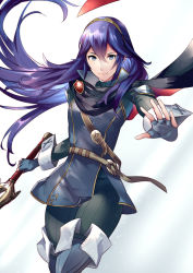 Rule 34 | 1girl, ameno (a meno0), armor, black bodysuit, blue footwear, blue hair, blue shirt, bodysuit, boots, closed mouth, feet out of frame, fingerless gloves, fire emblem, fire emblem awakening, gloves, gradient background, hair between eyes, hair spread out, holding, holding sword, holding weapon, long hair, long sleeves, looking at viewer, lucina (fire emblem), nintendo, outstretched arm, shirt, shoulder armor, simple background, solo, sword, thigh boots, thighhighs, tiara, weapon, white background
