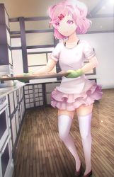 Rule 34 | 1girl, 3d background, baking sheet, casual, chromatic aberration, collarbone, commentary, doki doki literature club, english commentary, food, full body, hair ornament, hair ribbon, hairclip, highres, indoors, kitchen, natsuki (doki doki literature club), oven mitts, pastry, pink eyes, pink hair, pink skirt, red ribbon, ribbon, shirt, short hair, short sleeves, skirt, smile, solo, sparkle, thighhighs, tsukimaru, two side up, white shirt, white thighhighs, zettai ryouiki