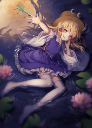 Rule 34 | 1girl, arm up, blonde hair, blush, brown headwear, commentary request, flower, frog, from above, full body, full moon, hair ribbon, hand up, highres, kyouda suzuka, lily pad, long sleeves, looking at viewer, lying, miniskirt, moon, moriya suwako, no shoes, on side, open mouth, partially submerged, petticoat, pink flower, purple skirt, purple vest, red ribbon, reflection, ribbon, shirt, short hair, sidelocks, skirt, skirt set, smile, solo, thighhighs, touhou, vest, water, white shirt, white thighhighs, wide sleeves, yellow eyes, zettai ryouiki