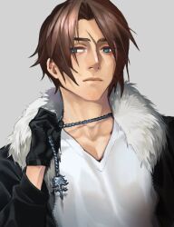 Rule 34 | 1boy, black gloves, black jacket, blue eyes, brown hair, expressionless, final fantasy, final fantasy viii, fur-trimmed jacket, fur trim, gloves, grey background, highres, holding, holding jewelry, holding necklace, jacket, jewelry, male focus, necklace, nini tw99, scar, scar on face, scar on forehead, shirt, short hair, simple background, solo, squall leonhart, v-neck, white shirt