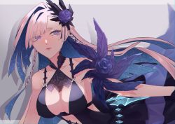 Rule 34 | 1girl, absurdres, ageharuuu, aliasing, armpit peek, asymmetrical bangs, bare shoulders, black dress, blue flower, blue hair, blunt bangs, blurry, braid, breasts, brynhildr (fate), brynhildr (swimsuit berserker) (fate), brynhildr (swimsuit berserker) (second ascension) (fate), center opening, chromatic aberration, cleavage, closed mouth, collarbone, colored inner hair, commentary request, constricted pupils, covered erect nipples, dress, artistic error, eyelashes, eyes visible through hair, fate/grand order, fate (series), floating hair, flower, hair flower, hair ornament, highres, lace, large breasts, layered dress, leaning forward, lips, long hair, multicolored hair, multiple braids, outside border, pink lips, plunging neckline, purple dress, purple eyes, rose, side braid, sideways glance, signature, silver hair, solo, starry sky print, two-tone hair, upper body, very long hair