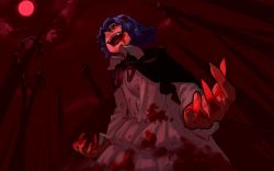 Rule 34 | 1girl, 6+others, black cape, blood, blood on clothes, blood on hands, cape, cloud, commentary request, cowboy shot, death, from below, impaled, kijima (amayadori-tei), moon, multiple others, neck ribbon, open mouth, purple hair, red eyes, red moon, red ribbon, red sky, red theme, remilia scarlet, ribbon, shirt, short hair, skirt, skirt set, sky, smile, solo focus, spikes, touhou, white shirt, white skirt