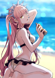 Rule 34 | 1girl, :d, aono shimo, ass, bad id, bad pixiv id, bare arms, bare legs, bare shoulders, barefoot, beach, bikini, blurry, blurry background, bottle, breasts, day, fate/grand order, fate (series), head tilt, headwear request, highres, holding, holding own hair, kneeling, long hair, looking at viewer, looking back, medb (fate), medb (swimsuit saber) (fate), medium breasts, ocean, open mouth, pink hair, seiza, sitting, smile, solo, straight hair, swimsuit, tiara, very long hair, water, white bikini, yellow eyes