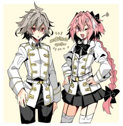 Rule 34 | 2boys, alternate costume, androgynous, antenna hair, astolfo (fate), belt, belt buckle, black bow, black bowtie, black garter straps, black skirt, blush, bow, bowtie, braid, buckle, chaldea uniform, cropped legs, fang, fate/apocrypha, fate/grand order, fate (series), garter straps, grey hair, hair between eyes, hair bow, hair intakes, hands on own hips, haoro, jacket, lapels, long braid, long hair, male focus, multicolored hair, multiple boys, notched lapels, one eye closed, open mouth, parted lips, pink hair, pleated skirt, purple eyes, red eyes, sieg (fate), simple background, single braid, skin fang, skirt, smile, star (symbol), streaked hair, thighhighs, trap, two-tone hair, very long hair, white belt, white hair, white jacket, white thighhighs, wing collar, yellow background