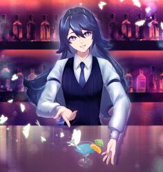 Rule 34 | 1girl, absurdres, bar (place), blue eyes, blue hair, bug, butterfly, cup, drinking glass, food, fruit, highres, insect, lialiar1, long hair, looking at viewer, lucina (fire emblem), necktie, orange (fruit), smile, solo